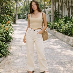 Kuwalla Beige Bustier Crop Tank Corset-Inspired Square Neck Zip Back Top